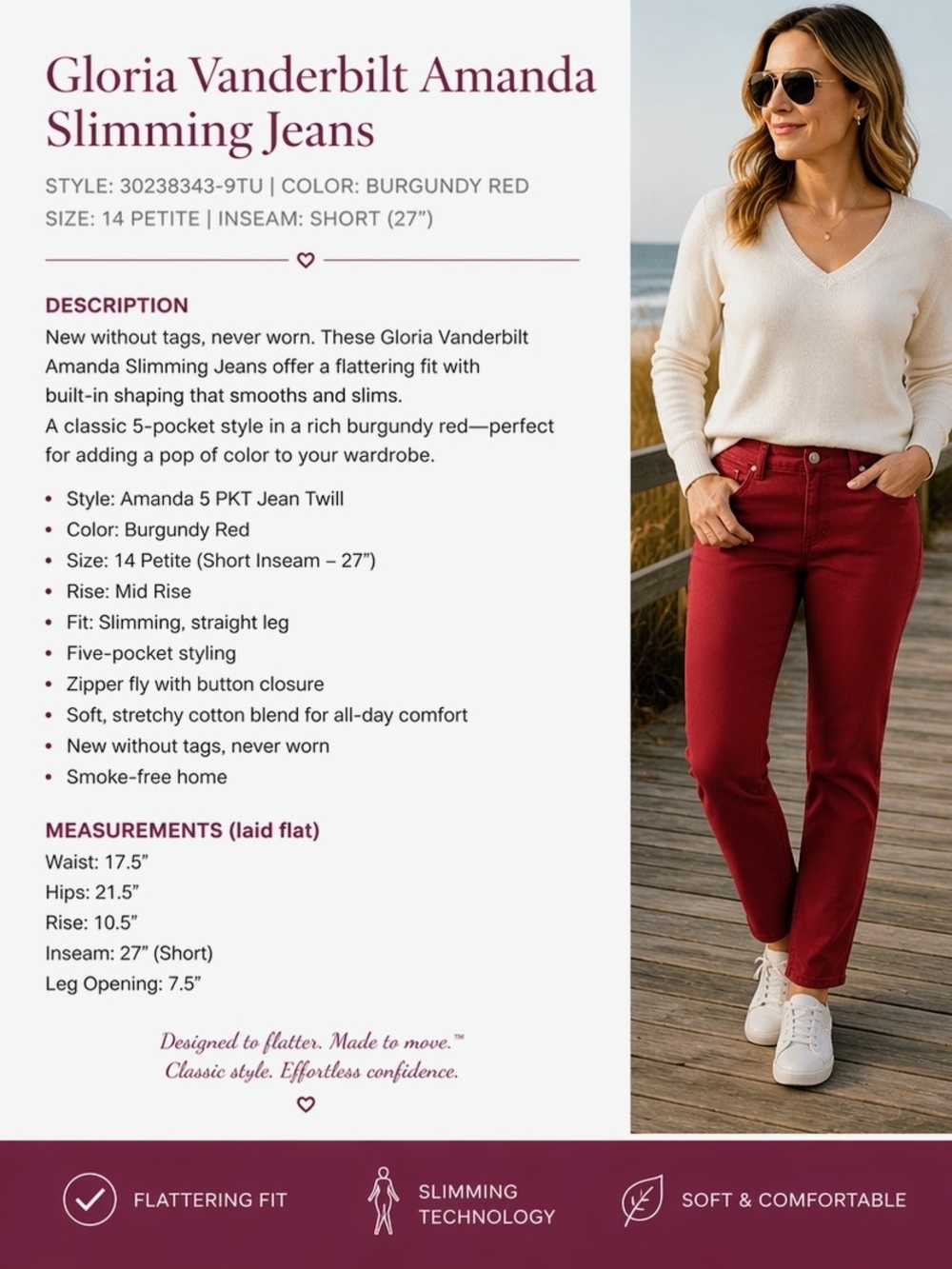 Gloria Vanderbilt Amanda Slimming Jeans Red 14 Petite Short MidRise Stretch NWOT